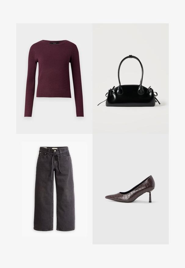 Pull à manches longues en bordeaux foncé avec une texture côtelée, un col rond et une coupe ajustée. Tissu tricot léger.; Jeans larges noirs en jean, dotés d'une taille à cordon de serrage, de cinq poches et de détails de couture contrastés. Design à l'avant plat.; Escarpins à bout pointu en similicuir marron avec une texture crocodile, dotés d’un talon fin et angulaire ainsi que d’une doublure intérieure lisse.; Petit sac à main noir brillant avec deux longues anses et des détails à cordon sur les côtés sur un fond clair uni.