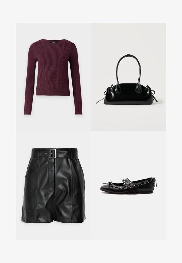 Lange mouwtrui in donker bordeaux met een geribbelde textuur, ronde halslijn en slim fit ontwerp. Lichtgewicht gebreide stof.; Zwarte leren shorts met een gladde textuur, hoge taille en een brede riem met een rechthoekige zilveren gesp. Geplooid ontwerp aan de voorkant.; Zwarte platte balletschoen met dubbele gespsluitingen, zilveren oogjes en een klein strikje nabij de afgeronde neus op een witte achtergrond.; Kleine zwarte glanzende handtas met twee lange hengsels en zijkant trekkoord details op een effen lichte achtergrond.