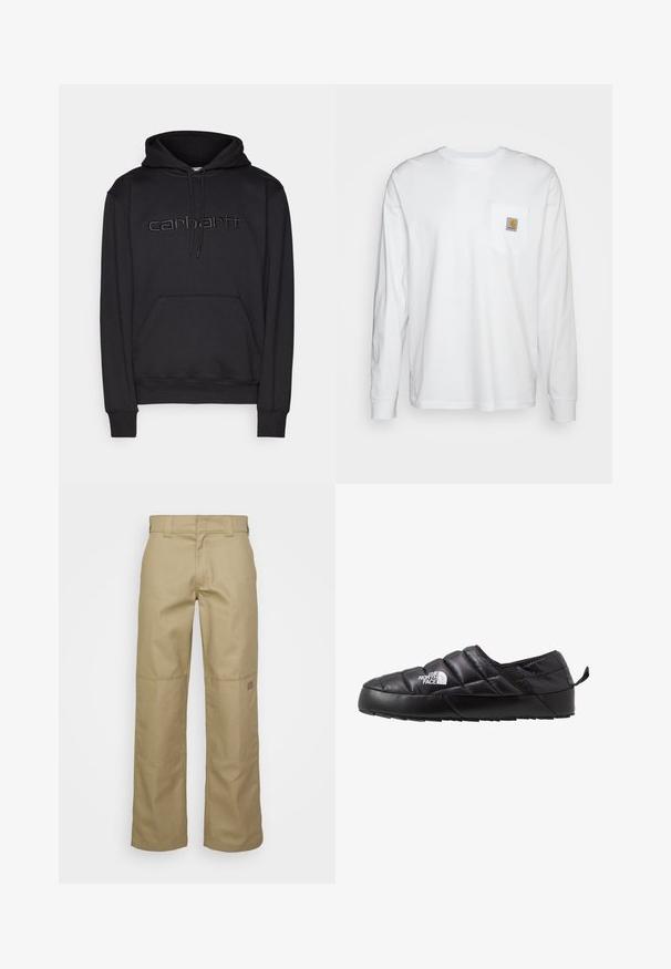 Carhartt WIP HOODED - Hættetrøje - black; Langærmet hvid skjorte lavet af bomuld, med en brystlomme og et kvadratisk logomærke. Simpelt design med rund udskæring og manchetter.; Beige vidde bukser lavet af en blanding af bomuldsstof. Har forstærkede knæpuder og et lille logo-patch på det øverste ben.; Sort slip-on sko med et quiltet design, lavet af polstret materiale. Har en struktureret gummisål og et lille trækstrop bagpå.