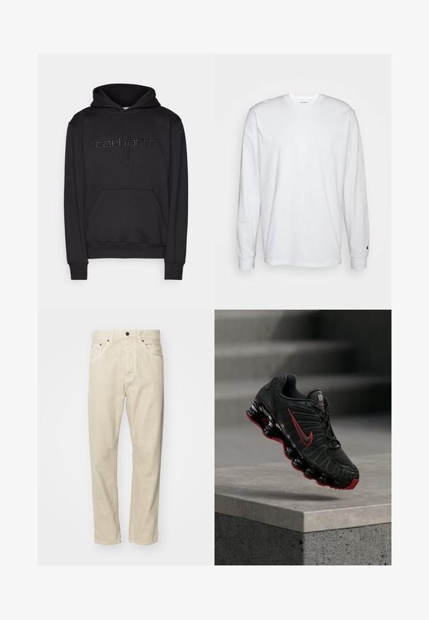 Carhartt WIP HOODED - Mikina s kapucňou - black; Biela dlhá bavlnená tričko s dlhým rukávom. Dizajn s okrúhlym výstrihom a rebrovanými manžetami, malá nášivka na ľavom rukáve. Hladká textura.; Bežové bavlnené nohavice so strihom s rovnými nohami, piatimi vreckami a kovovými akcentmi. Hladká textúra s minimálnymi švovými detailmi.; Čierno-červená športová obuv Nike s viditeľnou pružinovou podrážkou, balansujúca na okraji betónového schodu.