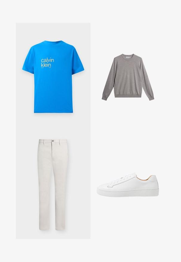 Grijze trui van zacht materiaal, met een ronde hals, geribde boorden en zoom, en een subtiel logo op de voorkant.; Heldere blauwe katoenen T-shirt met korte mouwen, voorzien van een groot geel "calvin klein" logo op de voorkant en de tekst "new york city / since 1981".; Beige herenbroek met slim-fit pasvorm, riemlussen, knoopsluiting en voorzakken, afgebeeld tegen een witte achtergrond.; Witte leren sneaker met een gladde afwerking, ronde neus, platte vetersluiting en een dikke rubberen zool met een gestructureerd grippatroon.