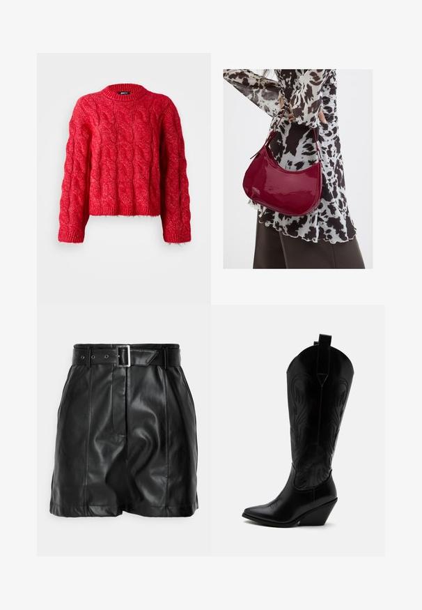 Rød kabelstrikket sweater med rund halsudskæring, lange ærmer og en cropped design. Materialet virker blødt og har et mønstret tekstur.; Sorte lædershorts med en glat overflade, høj talje og et bredt bælte med en rektangulær sølvspænde. Plisseret design foran.; Sort læder cowboystøvle med spidst tåparti, skråt blokhælhæl, dekorative sømme og trækstropper øverst mod hvid baggrund.; Kvinde iført en sort- og hvidmønstret bluse, der holder en blank rød skuldertaske mod en ensfarvet baggrund.