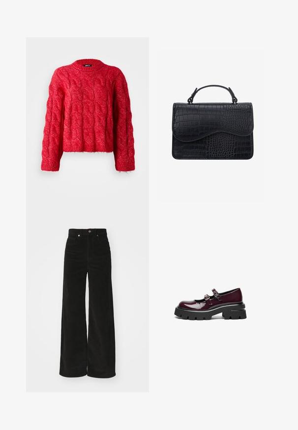 Rød kabelstrikket sweater med rund halsudskæring, lange ærmer og en cropped design. Materialet virker blødt og har et mønstret tekstur.; Sorte kordfløjl bredbenede bukser med høj talje, der har to forlommer og en metalknaplukning. Tekstureret stof med lodrette ribber.; Bordeaux patentlæder Mary Jane-sko med dobbelte spænde remme og tykke sorte gummisåler med dybe riller.; Sort læderhåndtaske med krokodilletekstur, rektangulær form, buet klap og kort øverste hank.