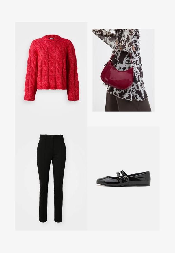 Pull en maille côtelée rouge avec un col rond, des manches longues et un design court. Le matériau semble doux, avec un motif texturé.; Pantalons en polyester noir avec une coupe slim, devant plat et fermeture à un bouton, dotés de plis avant et sans poches visibles.; Chaussures en cuir verni noir avec un bout carré, dotées de deux brides réglables à boucle sur le coup de pied et d'une semelle plate et discrète.; Femme portant un chemisier à motif noir et blanc tenant un sac à main rouge brillant sur un fond uni.
