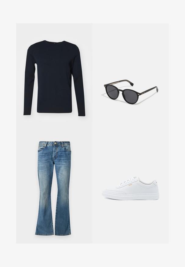 T-shirt à manches longues bleu marine en tissu mélangé coton, avec un col rond et une texture lisse sans motifs ni embellissements.; Jean flair bleu en denim avec un lavage délavé. Présente cinq passants de ceinture, une fermeture à bouton et des détails de couture classiques.; Baskets blanches en cuir avec une texture lisse, bout rond et coutures tonales. Possède des lacets bleus et un logo doré sur le côté.; BOSS Lunettes de soleil - black