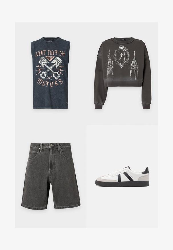 Sweat-shirt gris court avec une finition texturée, présentant un motif graphique blanc d'édifices ornés et d'une horloge au centre.; Débardeur gris foncé avec des pistons croisés, des éclairs et le texte « Von Dutch 1929 Motors » en rose pâle et blanc.; Short en denim gris foncé avec bouton à l'avant, fermeture éclair, passants pour ceinture et deux poches avant, présenté sur un fond uni.; Baskets blanches avec des accents noirs et gris, présentant un embout texturé gris, une semelle en caoutchouc noir et des lacets plats blancs. Design épuré, style minimaliste.