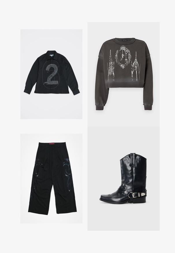 Grå croppet sweatshirt med en tekstureret finish, med et hvidt grafisk design af udsmykkede strukturer og et ur i midten.; Sort langærmet skjorte med knapper, med et stort omrids af tallet 6 og et tekstureret tal 2-design i hvid tekst på forsiden.; Sorte viddebukser med plisseret front, der har blanke sorte tribalmønstre på siderne og en rød mærketalje.; Sort læder cowboystøvle med spidse tæer, høj skaft, dekorativ stitching og sølv spændehardware på remmen. Tekstureret overflade.