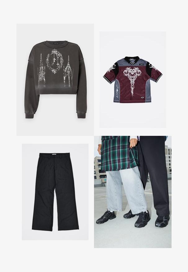 Grijze cropped sweatshirt met een getextureerde afwerking, voorzien van een wit grafisch ontwerp van sierlijke gebouwen en een klok in het midden.; Kort mouw shirt in bordeauxrood en grijs met verticale strepen, ingewikkeld wit grafisch ontwerp, zwarte kraag- en mouwaccenten, logo gedrukt onderaan.; Donkergrijze wijde broek met een textuurstof, twee voorzakken en riemlussen. Het label draagt de tekst "United Loneliness".; Zwarte sportieve schoenen met mesh- en rubberaccenten. Draagt een lichtgrijze wijde spijkerbroek en een groen geruit shirt. Effen achtergrond.
