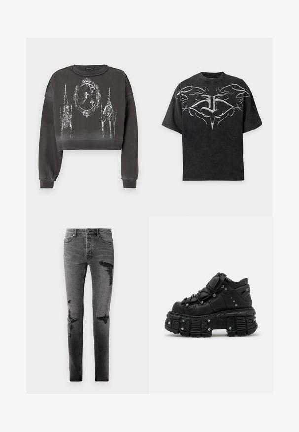 Graues, kurz geschnittenes Sweatshirt mit strukturierter Oberfläche, das ein weißes grafisches Design von kunstvollen Gebäuden und einer Uhr in der Mitte zeigt.; Schwarzes oversized T-Shirt mit weißem symmetrischem abstraktem Tribal-Design über Brust und Schultern.; Schwarze Denim-Jeans mit Rissdetails, schlankem Schnitt, fünf Taschen und klassischem Reißverschluss. Abgetragenes Aussehen mit verblassten Stellen.; Schwarze Leder-Hochtop-Sneaker mit dicker Gummisohle, Schnürdesign, gepolstertem Knöchelbereich und Metallelementen. Verfügt über eine profilierte Außensohle für besseren Halt.