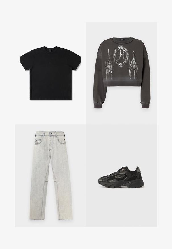 Grå croppet sweatshirt med en tekstureret finish, med et hvidt grafisk design af udsmykkede strukturer og et ur i midten.; Sort kortærmet t-shirt lavet af bomuld med rund hals, med et diskret logo i midten og en afslappet pasform.; Lyseblå denimjeans med lige snit, der har kontrastsyninger, to forlommer og slidte detaljer på stoffet.; Sorte atletiksko med mesh og syntetisk overdel, buet sål, polstret krave og subtile logoaccenter. Teksturerede detaljer på sidestykkerne.