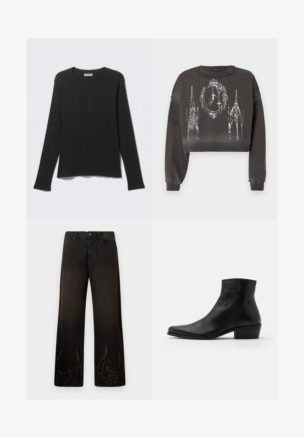 Grå croppet sweatshirt med en tekstureret finish, med et hvidt grafisk design af udsmykkede strukturer og et ur i midten.; Sort langærmet henley-shirt med rund halsudskæring og fem-knaps lynlås, vist fladt med mærke, der siger Weekday.; Sorte denim jeans med vide ben og en tekstureret, slidt finish. Bemærkelsesværdige broderede detaljer, der ligner gevir ved manchetterne. Knappelukning og lynlås.; Sort læder ankelstøvle med spids tå, minimale syninger, en mellem-høj blokhælt og en glat, poleret finish.