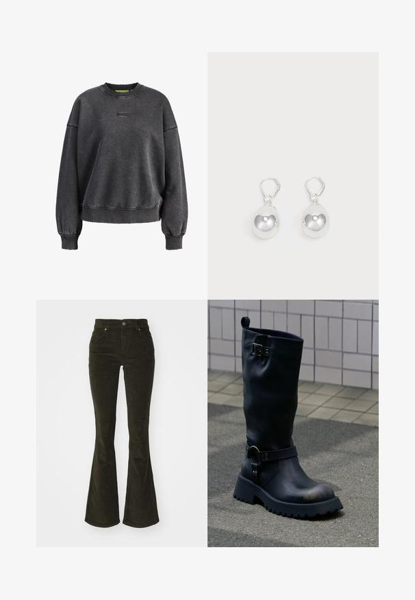 Mørkegrå oversized sweatshirt med rund hals, lange ærmer, ribstrikkede manchetter og kant samt diskret lille logo broderet på brystet.; Bredde corduroy bukser i mørkegrøn. Har for- lommer, knaplukning og et blødt, struktureret stof med ribbet mønster.; Sort midt-læg læderstøvle med chunky sål, metal spænde nær toppen og rem med ringdetalje over anklen, på en belagt overflade.; Sølv dråbeøreringe med glatte, runde, reflekterende overflader hængende fra svingelukkede låse. Baggrunden er helt hvid.