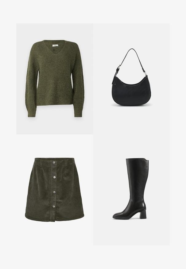 JDY JDYINGEBORG ADA LIFE V-NECK - Džemper - winter moss; Tume roheline kordurooi mini seelik A-kujuga, millel on viis hõbedast nupuvajutust ees ja vertikaalne ribakate.; Must nahkne nahast saabas plokktakaga ja ümardatud varbaga, näidatud küljelt ühel lihtsal taustal.; Must have musta kotka, valmistatud siledast nahast, kaarekujulise siluetiga, millel on üks reguleeritav sang ja minimaliseeritud disainielemendid.