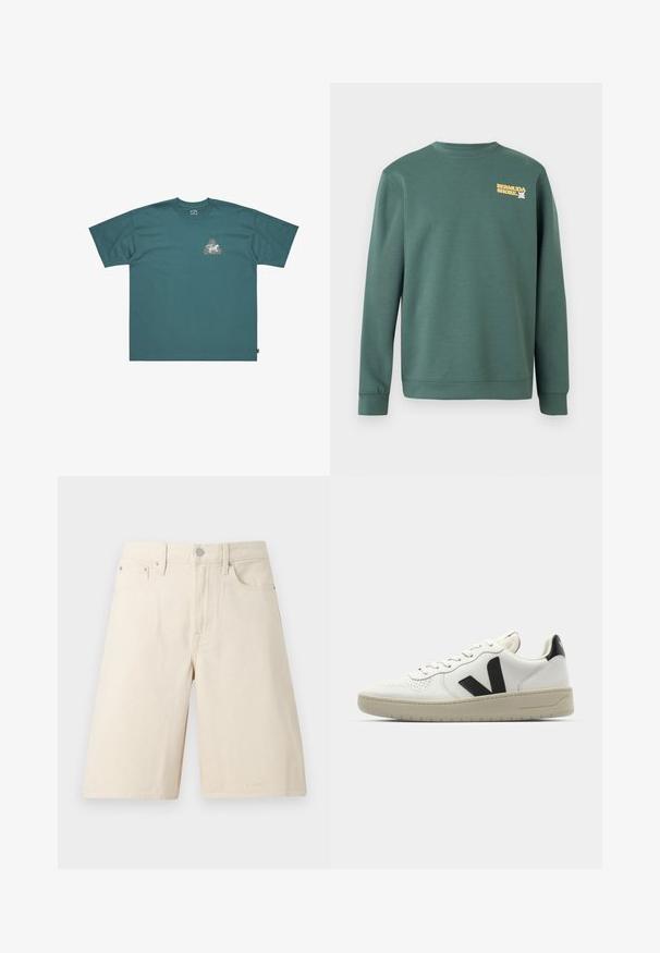 Trøje med crew neck og lange ærmer i grøn med gul "BERMUDA SHORE"-tekst og hvidt blomsterlogo på venstre bryst.; Teal bomulds T-shirt med korte ærmer og løs pasform. Har en trekantet grafik med farverigt design og mærkenavn på brystet.; Off-white knælange denimshorts med forreste knap, lynlås, bælteholdere og fem-lomme-design på hvid baggrund.; Hvide lædersneakers med sort V-logo, perforeret tå, cremet gummisål, flade snørebånd og minimalistisk design.
