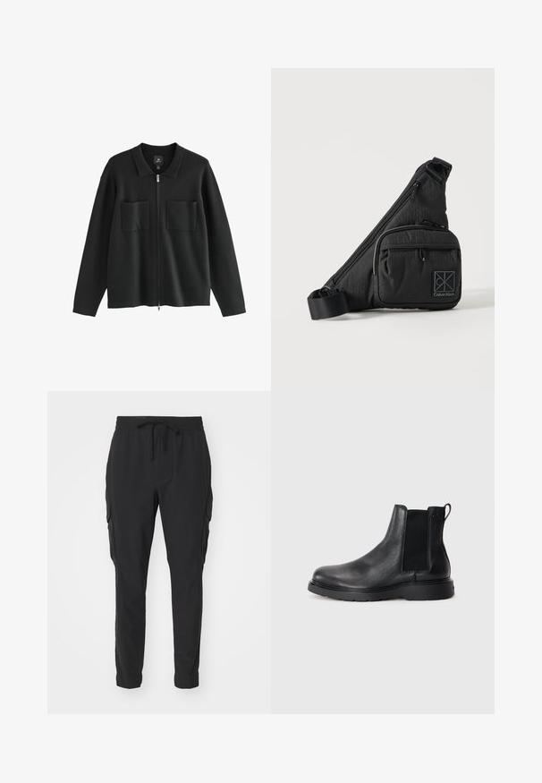 Zwarte zip-up jas van zacht, textuurstof. Beschikt over een kraag en twee voorzakken met klep. Ontspannen pasvorm met lange mouwen.; Zwarte cargobroek van lichtgewicht stof. Elastische tailleband met trekkoord. Tapered leg design en zijzakken. Glad oppervlak.; Zwarte leren Chelsea boots met een gestructureerde afwerking, elastische zijpanelen en een stevige rubberen zool. Subtiele branding op de hiel.; Zwarte Calvin Klein crossbodytas met verstelbare band, voorvak met rits en een subtiel logopatroon op een effen achtergrond.
