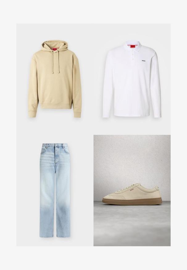 Sweat-shirt à capuche beige avec cordons de serrage et poignets côtelés, présentant un petit logo sur la poitrine et une étiquette rouge à l'intérieur du col.; Polo-shirt blanc à manches longues en coton avec un col, une patte de boutonnage à trois boutons et un logo noir "HUGO" sur la poitrine gauche.; Jeans bleu clair taille haute à jambes droites, avec poches avant, passants de ceinture et fermeture par bouton.; Baskets en daim beige clair avec une semelle en caoutchouc gomme, des lacets prononcés et des détails de couture subtils. Design épuré avec une esthétique minimaliste.