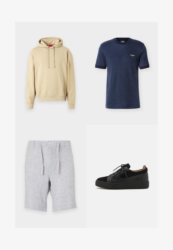 Beige hættetrøje med snoretræk og ribbede manchetter, der har et lille logo på brystet og et rød mærke inden i kraven.; Mørkeblå T-shirt med korte ærmer, rund halsudskæring, ribstrikkede manchetter og lille beige logo på venstre bryst.; Lys grå shorts lavet af struktureret stof, med snoretræk og knaplukning, to sidelommer og lige ben design.; Giuseppe Zanotti DOUBLE ZIP - Sneakers - black