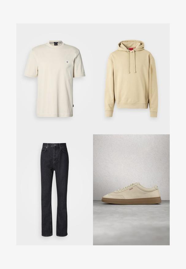 Sweat-shirt à capuche beige avec cordons de serrage et poignets côtelés, présentant un petit logo sur la poitrine et une étiquette rouge à l'intérieur du col.; T-shirt à manches courtes et col rond en coton beige clair. Présente un petit logo rond sur la poitrine et un ourlet droit.; Jean en denim noir taille haute avec fermeture à bouton et à glissière, poches avant et arrière, et coupe droite.; Baskets en daim beige clair avec une semelle en caoutchouc gomme, des lacets prononcés et des détails de couture subtils. Design épuré avec une esthétique minimaliste.