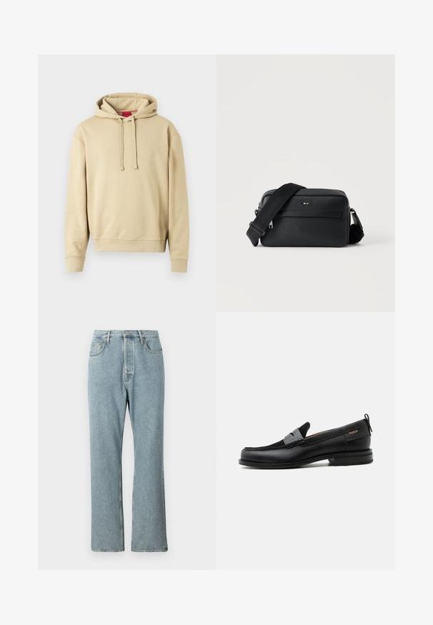 Beige hooded sweatshirt met trekkoorden en ribgebreide manchetten, met een klein logo op de borst en een rood label binnenin de kraag.; Lichtblauwe denim jeans met een hoge taille, brede rechte pijpen en eenvoudige stiksels. Heeft vijf zakken en een klassieke knoopsluiting.; Zwarte leren loafer met grijs riemdetailelement, lage hak en gestructureerde zool, aan de zijkant gebrandmerkt met "HUGO" in goud.; Zwarte gestructureerde leren crossbodytas met voorvak met ritssluiting en verstelbare brede stoffen schouderband op een witte achtergrond.
