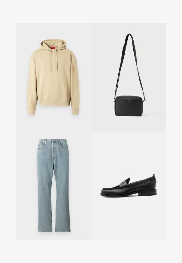 Beige hooded sweatshirt met trekkoorden en ribgebreide manchetten, met een klein logo op de borst en een rood label binnenin de kraag.; Lichtblauwe denim jeans met een hoge taille, brede rechte pijpen en eenvoudige stiksels. Heeft vijf zakken en een klassieke knoopsluiting.; Zwarte leren loafer met grijs riemdetailelement, lage hak en gestructureerde zool, aan de zijkant gebrandmerkt met "HUGO" in goud.; Zwarte rechthoekige crossbodytas met verstelbare band en BOSS-logo aan de voorkant, tegen een effen lichte achtergrond.