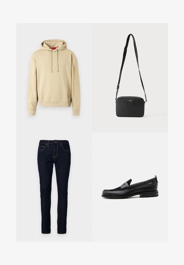 Beige Kapuzenpullover mit Kordelzügen und gerippten Bündchen, mit einem kleinen Logo auf der Brust und einem roten Etikett im Kragen.; Dunkelblaue Jeans aus Denim im Slim-Fit, mit gestickten Details, fünf Taschen und einem Knopfverschluss an der Taille.; Schwarzer Lederloafer mit grauem Riemendetail, niedrigem Absatz und strukturierter Sohle, seitlich mit „HUGO“ in Gold gebrandmarkt.; Schwarze rechteckige Umhängetasche mit verstellbarem Riemen und BOSS-Logo auf der Vorderseite, vor einem einfarbigen hellen Hintergrund.