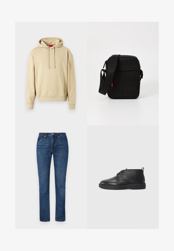Beige huppari, jossa on huppu ja nyörit sekä ribbireunat, sisäpuolella kauluksessa punainen label ja pieni logo rinnassa.; Tummansiniset farkut suoralla lahkeella, hillityllä kulutuksella, perinteisellä viidellä taskulla ja oransseilla ompelupistoilla.; Mustat nahkaiset nilkkurit, joissa on sileä pinta, pyöreä kärki ja musta kumipohja. Varustettu nauhakiinnityksellä ja kantataskulla helppoa pukemista varten.; Pieni musta olkalaukku säädettävällä hihnalla, edessä vetoketjullinen tasku ja kohokuvioitu "JOOP! JEANS" -logo.