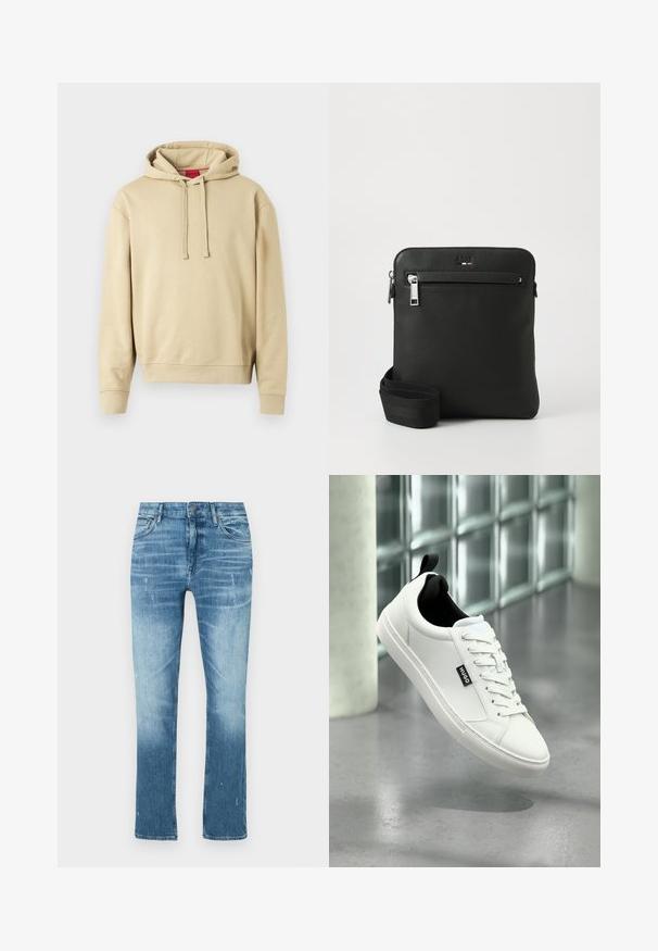 Sweat-shirt à capuche beige avec cordons de serrage et poignets côtelés, présentant un petit logo sur la poitrine et une étiquette rouge à l'intérieur du col.; Jean droit bleu clair en denim, avec une finition délavée, des légères distorsions et un design traditionnel à cinq poches.; Baskets en cuir blanc avec doublure intérieure noire, fermeture à lacets plats et détail logo visible. Semelle en caoutchouc texturée pour une meilleure adhérence.; Sac bandoulière en cuir noir avec un design plat, surface texturée, fermeture éclair, poche avant et une sangle en tissu ajustable.