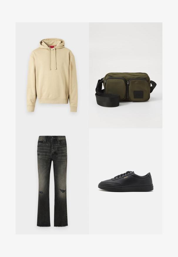 Beige hooded sweatshirt met trekkoorden en ribgebreide manchetten, met een klein logo op de borst en een rood label binnenin de kraag.; Zwarte denim flared jeans met een vervaagde afwerking, zichtbare slijtage en een uitgerafelde zoom. Heeft een klassieke stijl met vijf zakken en metalen knoopsluiting.; Zwarte leren sneakers met een gladde textuur, ronde neus, platte rubberen zool en tonale veters. Kenmerkt zich door de gouden "BOSS" branding aan de zijkant.; Oliegroene stoffen schoudertas met twee voorzakken met rits, verstelbare zwarte strap en zwart logo-opdruk. Rechthoekige vorm met een gestructureerd oppervlak.