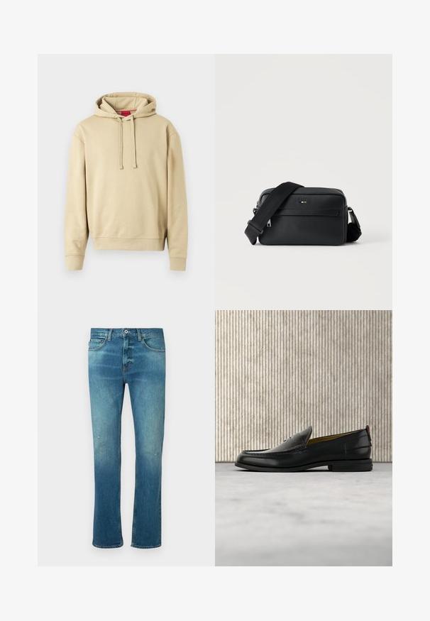 Sweat-shirt à capuche beige avec cordons de serrage et poignets côtelés, présentant un petit logo sur la poitrine et une étiquette rouge à l'intérieur du col.; Jean en denim bleu avec une coupe droite, présentant une finition délavée, des distresses légères au niveau des genoux et un design classique à cinq poches.; Mocassin pour homme en cuir noir avec un dessus embossé effet croco et un petit talon, présenté de profil sur un fond neutre.; Sac bandoulière en cuir noir texturé avec poche avant zippée et bandoulière large en tissu réglable sur fond blanc.