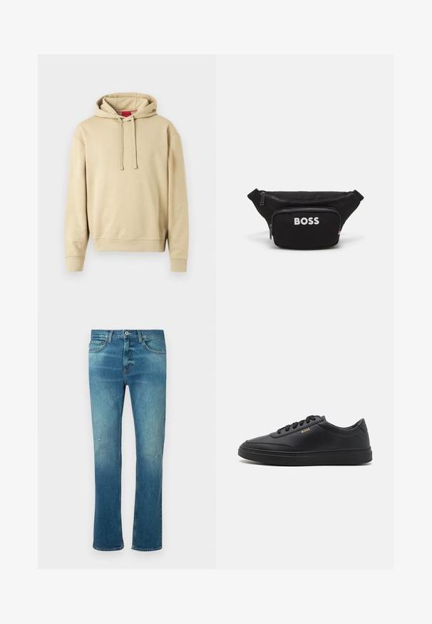 Beige Kapuzenpullover mit Kordelzügen und gerippten Bündchen, mit einem kleinen Logo auf der Brust und einem roten Etikett im Kragen.; Blaue Jeans aus Denim mit geradem Schnitt, ausgestattet mit einem leichten Verwaschungseffekt, leichten Abnutzungen an den Knien und klassischem Fünf-Taschen-Design.; Schwarze Leder-Sneaker mit glatter Textur, runder Zehenpartie, flacher Gummisohle und einfarbigen Schnürsenkeln. Mit goldfarbenem "BOSS" Logo an der Seite.; Schwarze Stoff-Gürteltasche mit einem vorderen Reißverschlussfach, großem Hauptfach und weißem "BOSS"-Logo auf der Vorderseite. Glatte Textur, strukturierte Form.