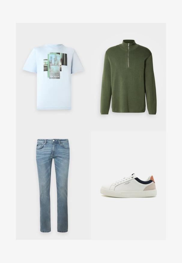 Grüner Strickpullover mit hohem, Reißverschluss-Kragen, langen Ärmeln und entspannter Passform. Gefertigt aus glattem Material mit minimalistischem Design.; TOM TAILOR T-Shirt print - light metal blue; Helle blaue Jeans mit einem geraden Bein-Design, hergestellt aus Denim. Merkmale umfassen Standardtaschen, Gürtelschlaufen und dezente Verblassung.; Weiße Leder-Sneaker mit einem Low-Top-Design, marineblauem Stoffakzent am Kragen und einem hellrosa Wildleder-Hackenteil. Gummisohle.