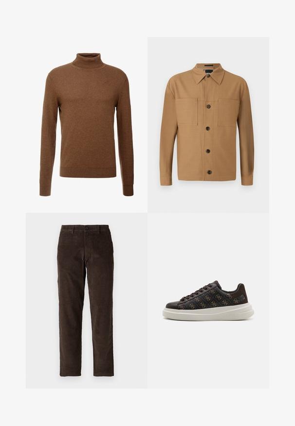 Bruine coltrui gemaakt van zachte stof, met lange mouwen, geribde boorden en een smal ontwerp zonder zichtbare patronen.; BOSS CRAIG - Overhemd - medium beige; Bruine corduroybroek met een recht model, voorzien van een knoopsluiting aan de voorkant en standaard riemlussen. Soepele textuur en een klassieke snit.; Bruine sneakers met patroon, voorzien van een reliëflogo, zool van glad leer en suede accenten, dikke witte zool en een ronde neuzen ontwerp.