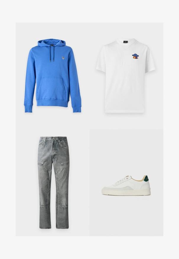 Blauer Kapuzenpullover mit langen Ärmeln, Fronttasche, Kordelzugkapuze und kleinem Zebralogo auf der linken Brust.; Weißes T-Shirt mit kurzen Ärmeln und einer kleinen blauen UFO-Grafik sowie Regenbogenstrahlen auf der linken Brustseite.; Graue Denim-Jeans mit geradem Schnitt, ausgestattet mit Fronttaschen, sichtbaren Nähten und einem verwaschenen Finish. Das Material hat eine glatte Textur.; Weiße Sneaker mit Wildlederelementen, runder Zehenpartie, flachen Schnürsenkeln und einer cremefarbenen Gummisohle. Mit grünen Markenlogo am Fersenbereich.