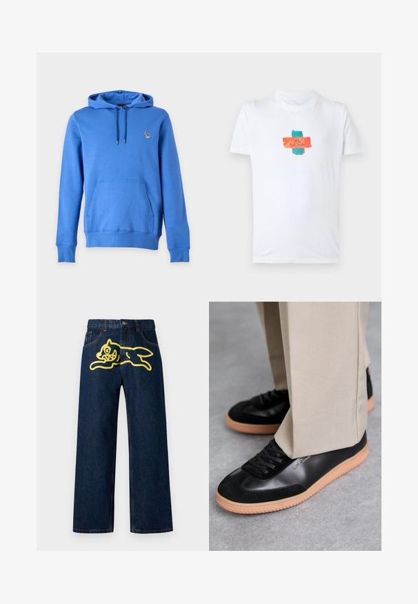 Blauer Kapuzenpullover mit langen Ärmeln, Fronttasche, Kordelzugkapuze und kleinem Zebralogo auf der linken Brust.; Weißes T-Shirt mit kurzen Ärmeln und einer kleinen orange- und türkisfarbenen Grafik in der Mitte mit dem Text „PS Paul Smith.“; Dunkelblaue Jeans aus Denim mit einer großen gelben Grafik eines springenden Charakters auf der Gesäßtasche. Gerades Bein-Design mit standardmäßiger Nähtechnik.; Paul Smith COMO - Sneaker low - black