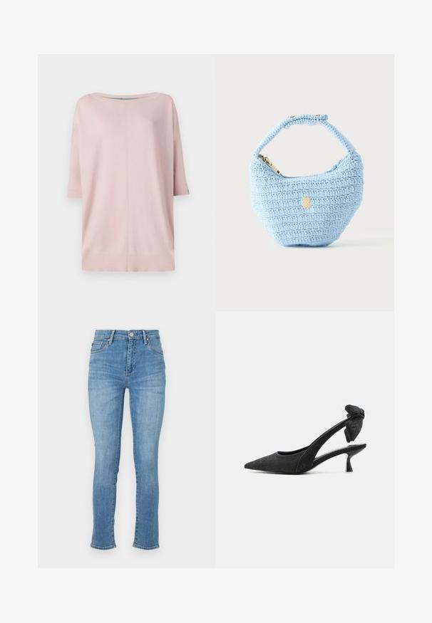 Diane von Furstenberg DIANE SWEATER - Džemper - pink/light blue; Heledad helesinim sinise värviga teksapüksid slim-fit lõikega, keskmise tõusuga vöökoht, viie tasku disain ning õrn pleekimine reitel, millel on õmblustega detailid.; Mustad terava ninaga tagant rihmaga madala kannaga kingad, millel on tekstuuriga kangas ja sõlmega vibu kanna rihmal.; Väike helesinine heegeldatud käekott lühikese rihmaga ja kuldse tõmblukuga, esitatud lihtsal heledal taustal.