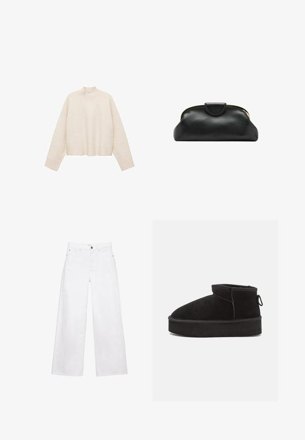 Cremefarvet pullover trøje lavet af blødt stof, med høj hals, sænket skuldre og en cropped design med ribbede kanter.; Hvide jeans med vide ben lavet af denim, der har forlommer, knaplukning og et lige snit. Ingen synlige mønstre eller pynt.; Sorte ruskinds ankelstøvler med en rund tå, der har en forhøjet sål og en sidesløjfe for nem påtagning. Designet er enkelt med minimale detaljer.; Sort læderclutch med guldfarvet metalramme og tryklukning på hvid baggrund.