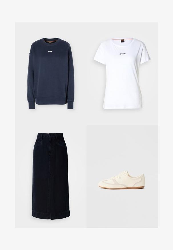 Marineblå langærmet crewneck-sweatshirt med ribstrikkede manchetter og kant, med hvidt "BOSS"-logo centreret på brystet.; Hvid bomulds-T-shirt med korte ærmer og rund halsudskæring. Har en sort kursiv "Boss"-logo foran. Enkelt design.; Mørk denim midi nederdel med høj talje, frontknaplukning og sidelommer; har en lige skæring og en subtil kantdetalje.; Sneakers i cremefarve med overdel i ruskind og stof, rundet tå og gummisål med beige detaljer. Snørelukning.