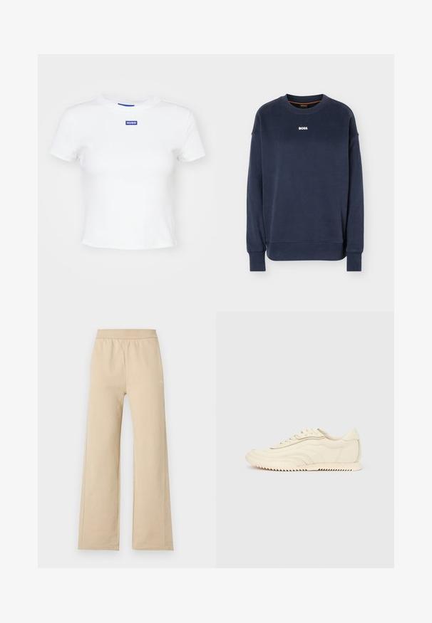 Marineblå langærmet crewneck-sweatshirt med ribstrikkede manchetter og kant, med hvidt "BOSS"-logo centreret på brystet.; Hvid bomulds t-shirt med korte ærmer, rund halsudskæring og et blåt rektangulært logo-patch med teksten "HUGO" midt foran.; Beige bukser med vidde ben, elastisk linning og minimale syningsdetaljer, vist mod en ensfarvet lys baggrund.; Lavprofileret sneaker i cremefarve med bølget syning, snørebånd og en rilleret sål, vist fra siden på en ensfarvet baggrund.