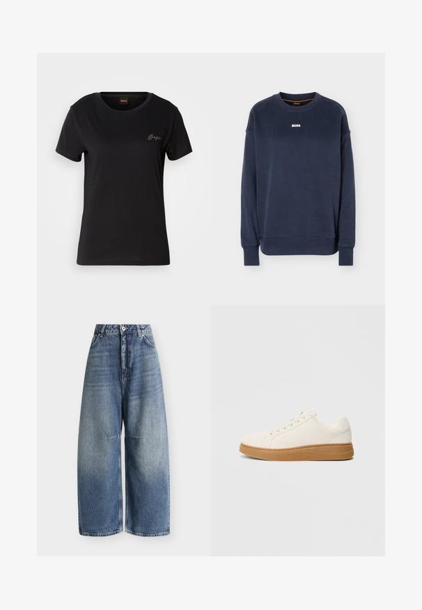 Sudadera de manga larga azul marino con cuello redondo, puños y dobladillo acanalados, con el logo blanco "BOSS" centrado en el pecho.; Camiseta negra de manga corta con cuello redondo, que presenta un pequeño logo bordado tonal en el área del pecho izquierdo. Textura de tela suave.; Vaqueros de denim azul de talle alto y pierna ancha con bolsillos delanteros, trabillas para cinturón y cierre de botón sobre fondo blanco.; Zapatillas de lona blancas con suela de goma color caramelo. Puntera redondeada, cierre con cordones y detalles cosidos a lo largo de la suela para un mayor detalle.