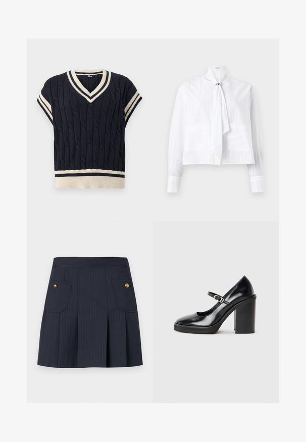 Pull sans manches en maille torsadée bleu marine avec col en V, emmanchures et ourlet rayés blanc et bleu marine.; Blouse blanche en tissu léger avec un motif à rayures texturées, dotée de manches longues, d'un col haut et d'un détail de nœud.; Jupe à rayures bleu marine foncé avec des plis à l'avant et deux poches à rabat ornées de boutons dorés de chaque côté.; Chaussure à talon haut en cuir verni noir avec un bout rond, une sangle de cheville, un détail de boucle en argent et un talon bloc épais.