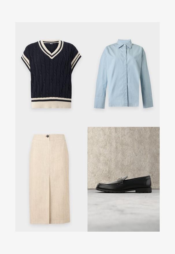 Navyblå kabelstrikket ærmeløs sweatervest med hvid og navystribet V-udskæring, ærmegab og kant.; Lyseblå langærmet skjorte med tynde hvide lodrette striber, spids krave, en synlig hvid knap og skjult forplade foran.; Beige knælængde blyantsnederdel med frontslids, to vandrette sidelommer og enkelt sort knaplukning ved taljen.; Sorte læder loafers med en hævet søm, guld accentlogo og tekstureret rem. Har en tykk, holdbar gummisål.