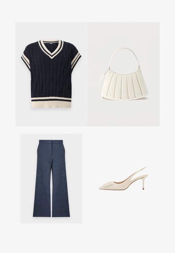 Pull sans manches en maille torsadée bleu marine avec col en V, emmanchures et ourlet rayés blanc et bleu marine.; Pantalon bleu marine à jambes larges avec fines rayures blanches verticales, taille avec ceinture, fermeture éclair à l'avant et poches latérales.; Escarpin beige à bride arrière avec bout pointu, talon aiguille de hauteur moyenne et boucle rectangulaire sur le devant.; Sac à épaule blanc plissé avec poignée supérieure incurvée et bandoulière détachable, orné d'un logo en relief subtil sur le devant.