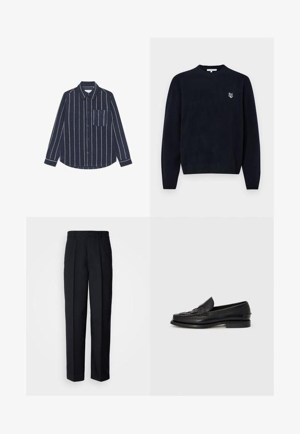 Marineblå strikket sweater med rund hals, ribbede manchetter og en lille broderet rævhovede detalje på brystet. Blød tekstur.; Marineblå skjorte med lodrette hvide striber, lange ærmer, krave og en venstre brystlomme. Blød tekstur med et medium-vægtigt stof.; Sorte plisserede bukser lavet af glat stof, med lige ben og en standard talje med bæltestropper.; Sorte læderloafer med et vævet detaljer hen over fronten, rund tå og en lav hæl. Glat tekstur og minimalistisk design.