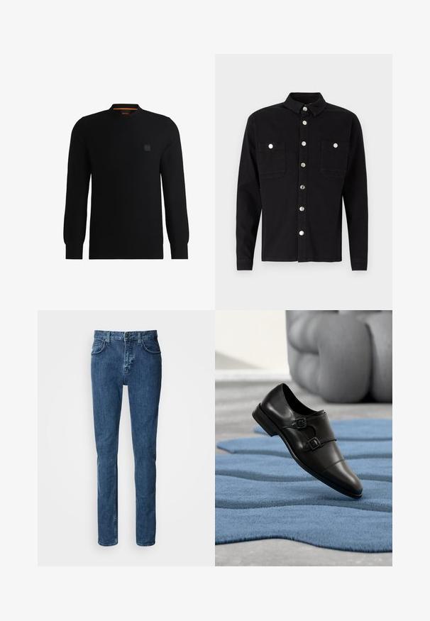 Musta neulepaita korkealla kauluksella, ribbaatut hihansuut ja helma. Rinnassa on pieni logopatch ja kauluksen sisäpuolella oranssia yksityiskohtaa.; Denim Project DPMDPLOOSE OVERSIZED DENIM SHIRT - Vapaa-ajan kauluspaita - black washed; Tummansiniset farkut suoralla lahkeella, joissa on etutaskut, vetoketjuhalkio ja hillityt ompeluyksityiskohdat.; Musta nahkakenkä, jossa on kaksi solkea, terävä kärki, sileä pinta ja korotettu pohja, asetettuna sinisen teksturoidun maton päälle.