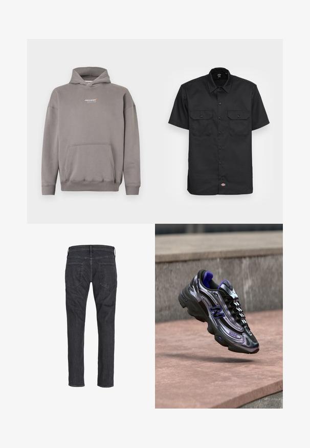Grijze hoodie met capuchon, voorzak en klein wit "McLaren Formula 1 Team" logo op de borst.; Korte mouwen zwarte shirt van gladde stof; heeft twee borstzakken met klep, knoopsluiting en een klassieke kraag.; Donkergrijze jeans met rechte pijpen, gezien van achteren, met twee achterzakken en riemlussen op de tailleband.; Zwart-paars New Balance 1000 sneaker zwevend boven een betonnen oppervlak met een vage stenen muur op de achtergrond.