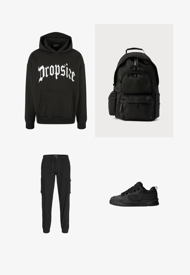 Zwarte hoodie met een grote witte "Dropsize" graphic in een vet lettertype. Voorzien van een zak aan de voorkant en ribbelboorden en onderrand.; Zwarte cargobroek van katoen, met een elastische tailleband met trekkoord, meerdere zijzakken en elastische boorden bij de enkels.; Zwarte sneakers met een gestructureerde bovenkant, voorzien van veters, mesh-details voor ademend vermogen, een gevoerd kraagje en een stevige zool.; Zwarte nylon rugzak met meerdere met rits afsluitbare vakken en een bovenste handvat, afgebeeld tegen een effen lichte achtergrond.