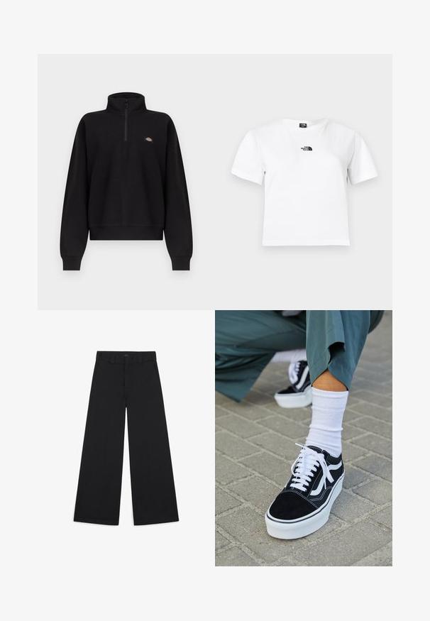 Pulóver negro de manga larga con cuello de cremallera parcial y pequeño logo multicolor en el pecho izquierdo, con puños y dobladillo acanalados.; Camiseta blanca de algodón con mangas cortas, cuello redondo y un logo negro de The North Face en el pecho. Diseño sencillo y sin adornos.; Pantalones anchos negros hechos de una suave tela tejida. Presentan pliegues marcados, trabillas para el cinturón y un acabado limpio y ajustado.; Zapatillas de ante negro con acentos y cordones blancos, que cuentan con una gruesa suela blanca y costuras en contraste, combinadas con un calcetín blanco.