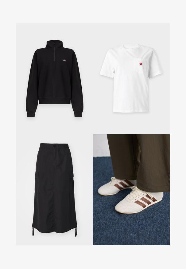 Sort langærmet pullover med kvart-lynlåslukning ved kraven og lille flerfarvet logo på venstre bryst, ribstrikkede manchetter og kant.; Hvid T-shirt med korte ærmer med en lille brystlomme med en rød hjerteformet logo på en ensfarvet lys baggrund.; Sort mid-length nederdel lavet af letvægtsstof. Har en elastisk talje, knaplukning og sidelommer med snorede detaljer.; Hvide sneakers med brune striber, iført brune bukser på et blåt tæppe.