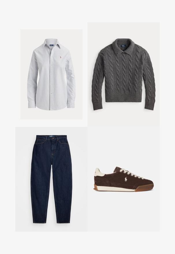 Hall kaabelpitsist kampsun soonikutega varrukate ja ääre peal, volditud kraega ja Polo Ralph Laureni sildiga kaela sees.; Valge nööpidega särk õhukeste vertikaalsete siniste triipudega, pikad varrukad, terava kraega ja väikese tikitud logoga rinnal.; Tumedast sinisest denimist sirge jala lõikega teksad, millel on oranž õmblemine, ees nupukinnitus ja viis taskut.; Pruun seemisnahast toss valgete paelte, kontrastse valge kontsa, kummist tallaga ning küljele tikitud logoga. Klassikaline madala lõikega disain.
