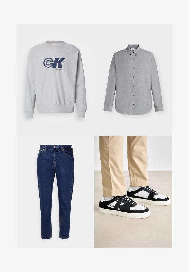 Grauer Baumwollpullover mit Rundhalsausschnitt, der ein großes navyblaues "CK"-Logo und den Text "Calvin Klein" zeigt. Rippbündchen und Saum vervollständigen das Design.; Hellgraues langärmeliges Hemd mit Knopfleiste und Knopfkragen sowie kleinem "cK"-Logo, das auf der linken Brustseite eingestickt ist.; Dunkelblaue Jeans mit geradem Bein, vorderer Knopf- und Reißverschluss, Gürtelschlaufen sowie Vorder- und Gesäßtaschen.; Calvin Klein Jeans CLASSIC CUPSOLE HERITAGE - Sneaker low - black/bright white